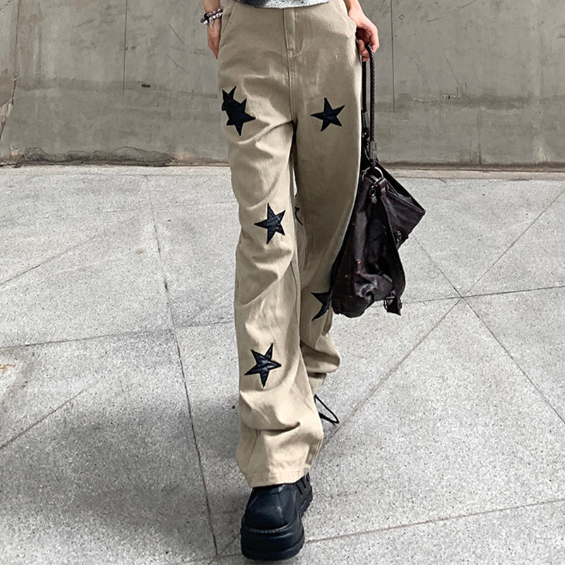#FabGirls# 輕廢土不對稱星星貼布繡拼接卡其色牛仔褲 闊腿褲長褲在類目 女裝/女士精品, 牛仔褲中 - 來自Buy2taobao.com提供專業的淘寶代購服務