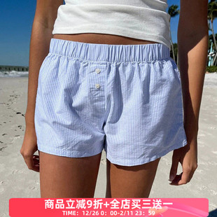 小众百搭bm休闲裤 FabGirls 文艺青年蓝白条纹撞色两粒扣低腰短裤