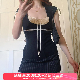 少女感显瘦短款 T恤 FabGirls 上衣 日系甜美假两件蕾丝拼接短袖