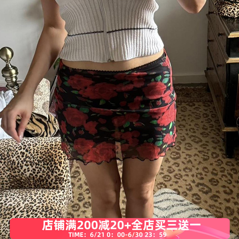 FabGirls 仲夏玫瑰印花网纱拼接低腰半身裙 辣妹百搭显瘦包臀短裙