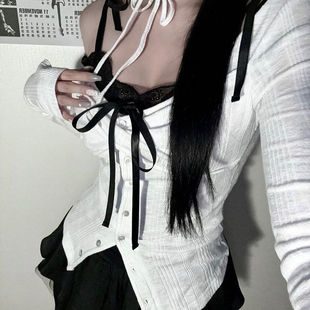 FabGirls 芭蕾练习生蕾丝拼接假两件撞色长袖T恤 小众显瘦上衣