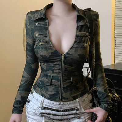 美式街头双拉头拼接迷彩长袖T恤