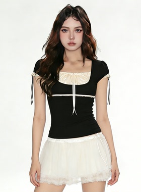 #FabGirls# 日系甜美假两件蕾丝拼接短袖T恤 少女感显瘦短款上衣