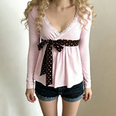 FabGirls 复古百搭显瘦上衣 T恤 法式 甜美蕾丝拼接波点系带长袖