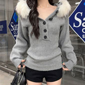 FabGirls 韩系慵懒排扣拼接毛毛连帽套头毛衣 复古百搭显瘦上衣秋