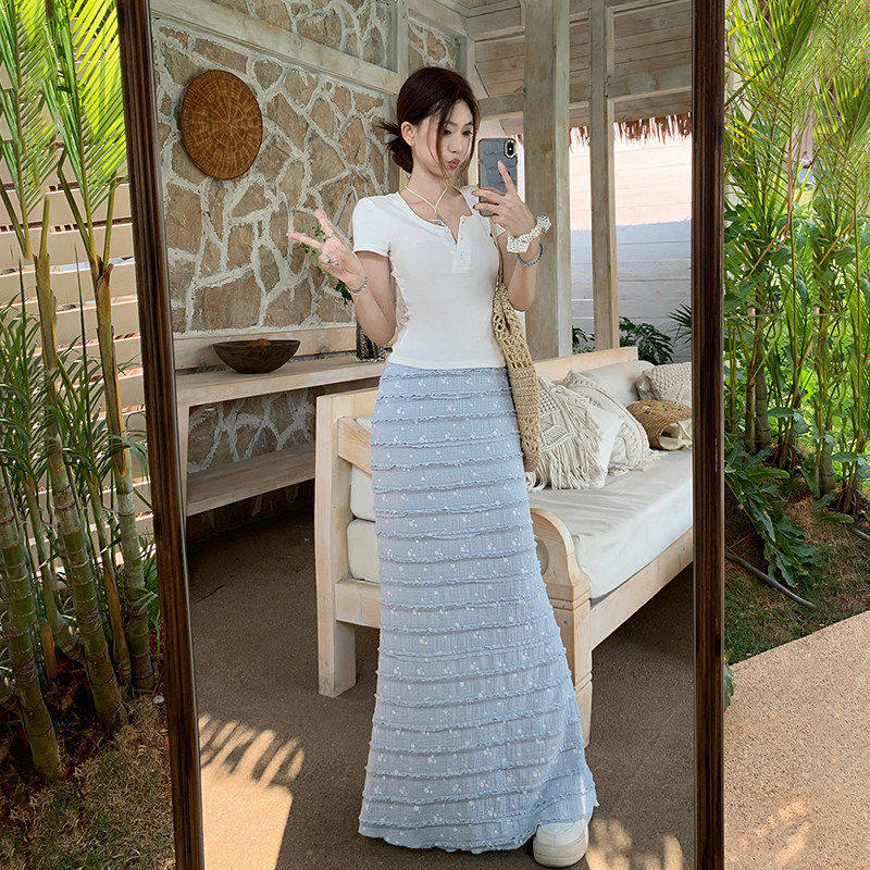 FabGirls 糖果色系木耳边拼接蕾丝蛋糕裙 小众百搭显瘦包臀裙长裙