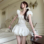 甜美蕾丝拼接蝴蝶结花苞连衣裙 FabGirls 法式 复古百搭显瘦a字裙