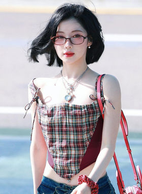 FabGirls Asa同款格纹撞色网纱拼接吊带背心 复古百搭显瘦短上衣