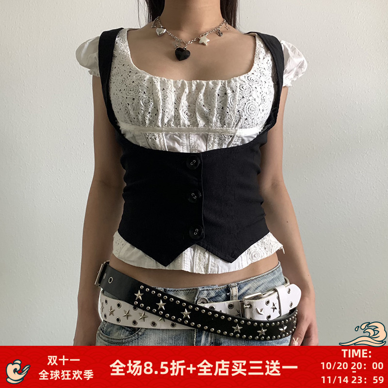 #FabGirls 90S经典复古黑色纽扣老头马甲上衣 外穿百搭修身显瘦