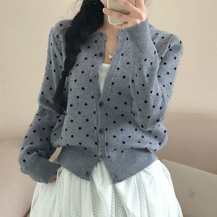 FabGirls 韩系复古波点印花排扣毛衣外套 小众百搭显瘦开衫短上衣