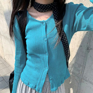 FabGirls 复古孔雀蓝排扣拼接收腰圆领毛织开衫 小众百搭显瘦上衣