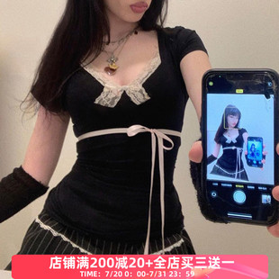 FabGirls 复古百搭显瘦上衣 日系甜美蕾丝拼接蝴蝶结系带长袖 T恤
