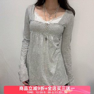 复古百搭显瘦上衣 T恤 FabGirls 日系少女蕾丝拼接打揽假两件长袖