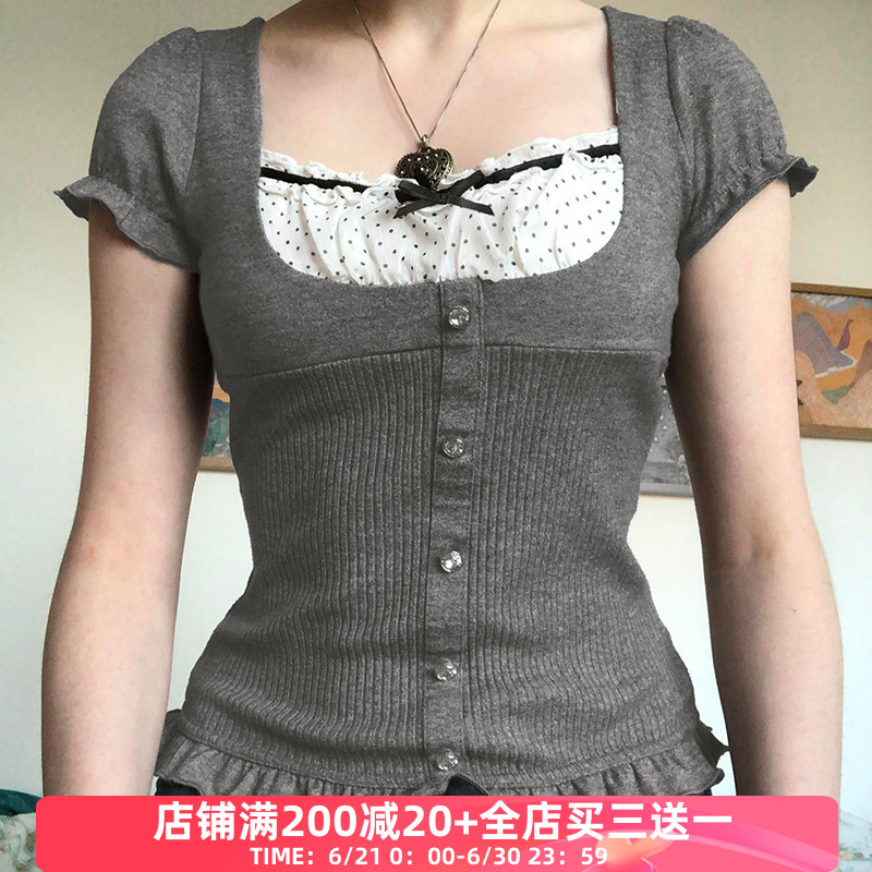 日系甜美波点假两件毛织短袖