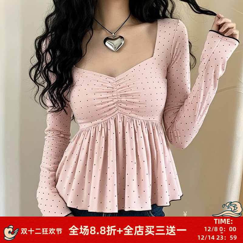 法式甜美褶皱波点低胸v领长袖T恤