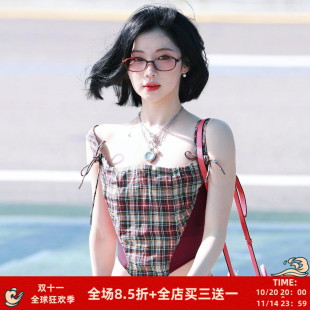 复古百搭显瘦短上衣 格纹撞色网纱拼接吊带背心 FabGirls Asa同款