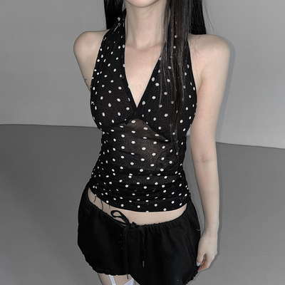 miu系少女波点印花挂脖背心