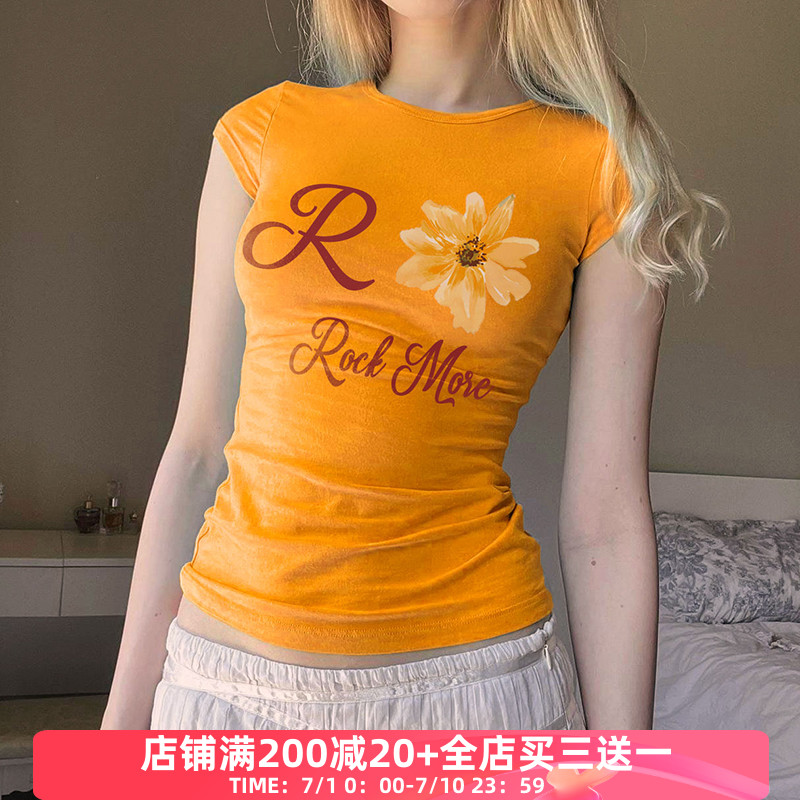 美式基础花卉印花圆领短袖T恤