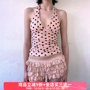 FabGirls 辣妹百搭显瘦外穿短上衣 夏日少女波点印花v领挂脖背心