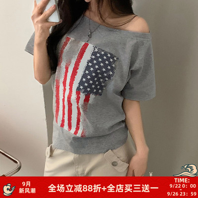美式慵懒国旗印花斜肩短袖T恤