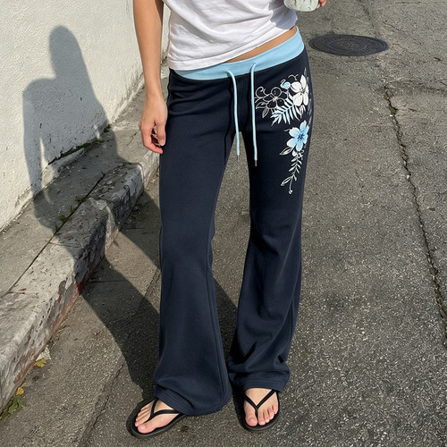 美式休闲花卉印花撞色系带长裤