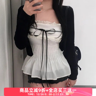 百搭甜美显瘦上衣 少女花边拼接蝴蝶结绑带抹胸背心 FabGirls 法式