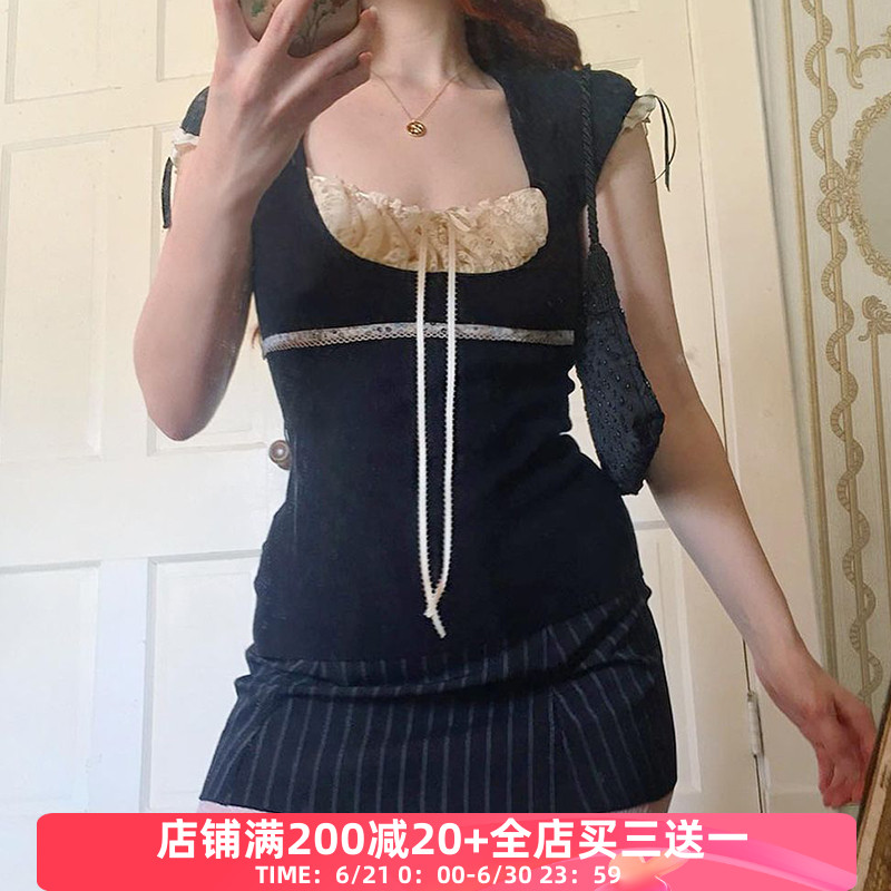 日系甜美假两件上衣蕾丝拼接上衣
