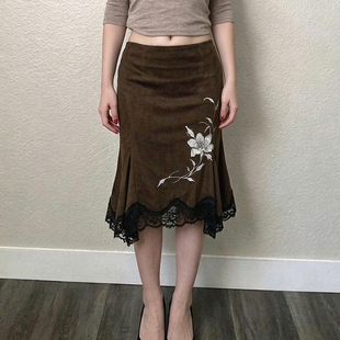 FabGirls 中古感蕾丝拼接印花不规则半身裙 复古百搭显瘦中长裙
