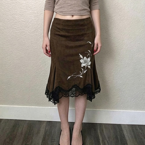 中古感蕾丝拼接印花不规则半身裙