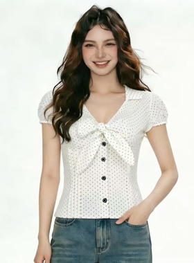 FabGirls 法式复古排扣拼接蝴蝶结波点短袖衬衫 小众百搭显瘦上衣