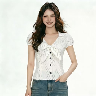 FabGirls 法式复古排扣拼接蝴蝶结波点短袖衬衫 小众百搭显瘦上衣