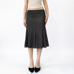 FabGirls 小众百搭显瘦中长裙 miu系少女小波点荷叶边拼接半身裙