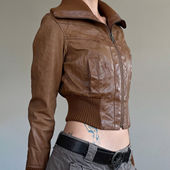 复古螺纹拼接拉链皮革外套 FabGirls 美式 小众百搭显瘦夹克上衣秋