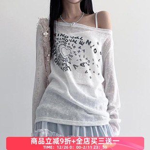 慵懒百搭罩衫 FabGirls T恤 印花轻薄斜肩长袖 防晒衣 随意调调个性