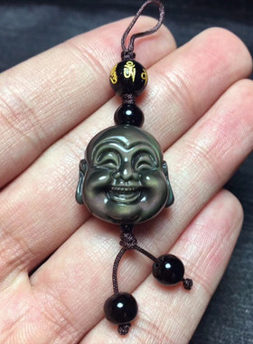 天然黑曜石佛头手机链 黑曜石弥勒佛手机挂坠 开心佛手机坠