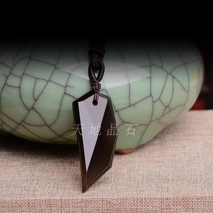 天然冰种黑曜石狼牙吊坠 冰种黑曜石狗牙挂坠 小叶紫檀顶珠