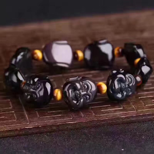 天然黑曜石佛头手链