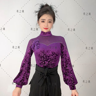 英之飒摩登舞连体上衣女气质金丝绒广场舞立领灯笼袖打底衫跳舞衣