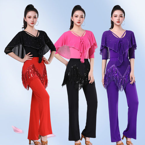 烫钻荷叶边中袖显瘦跳舞衣流苏裤