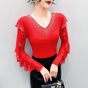 V领烫钻荷叶边广场舞跳舞衣弹力显瘦吉特巴拉丁舞服 小衫 新款 长袖