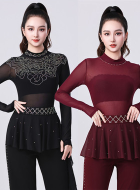 拉丁舞上衣女三步踩烫钻吉特巴半高领性感网纱透视连档广场舞蹈衣