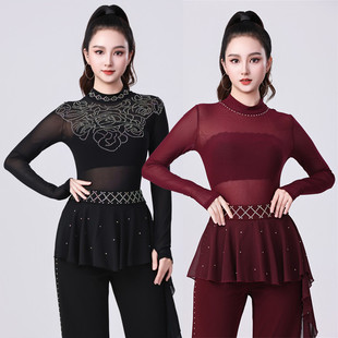 拉丁舞上衣女三步踩烫钻吉特巴半高领性感网纱透视连档广场舞蹈衣