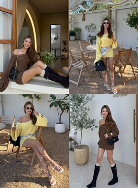 OHOCEAN 老钱斜肩粗针织喇叭袖连衣包臀裙