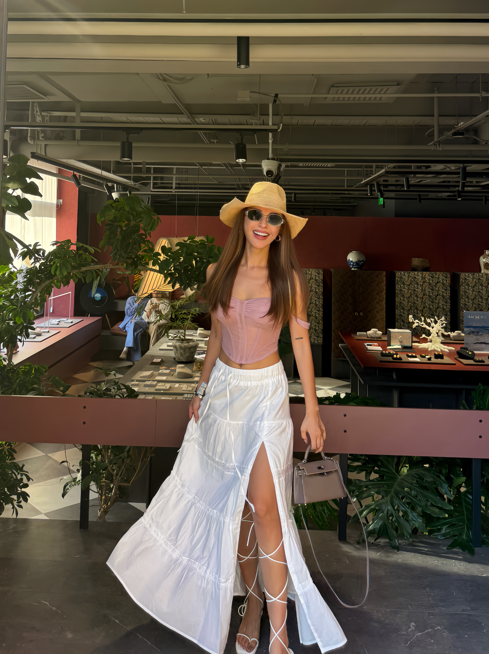 OHOCEAN ins度假风开叉白色棉感长裙