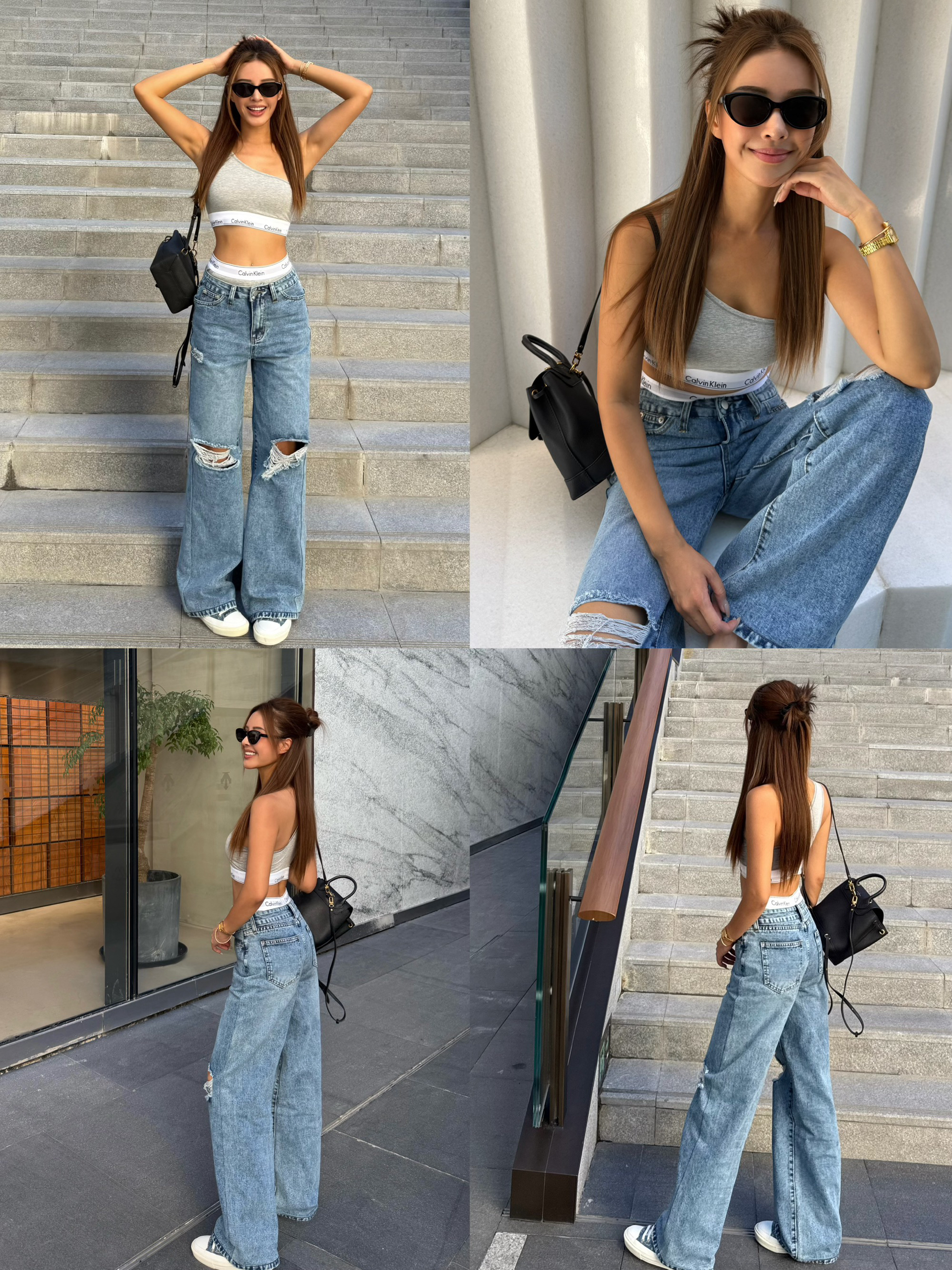 OHOCEAN 直筒阔腿浅蓝牛仔裤