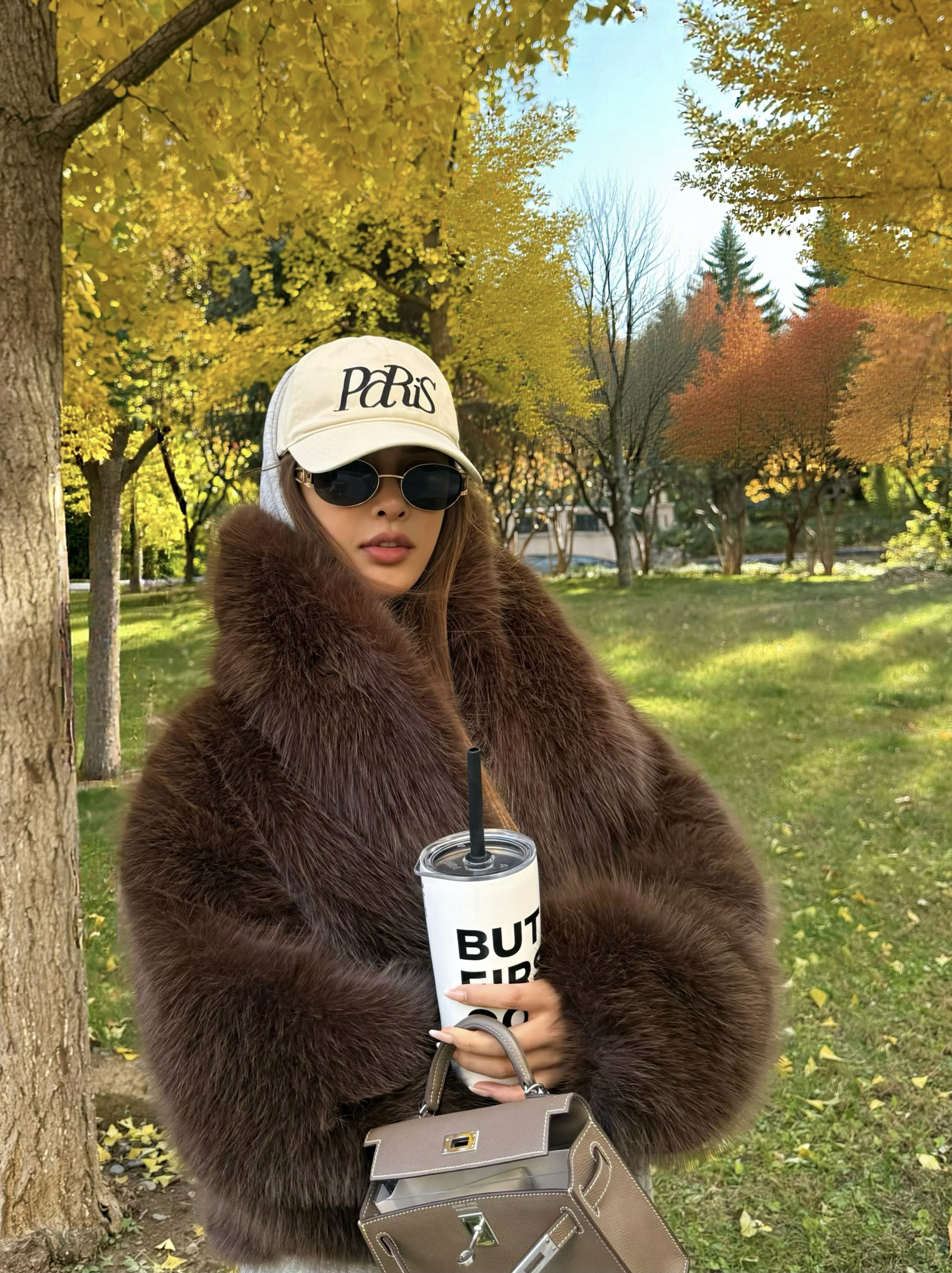 OHOCEAN 优质高版 棕色环保小狐狸毛 短款皮草外套