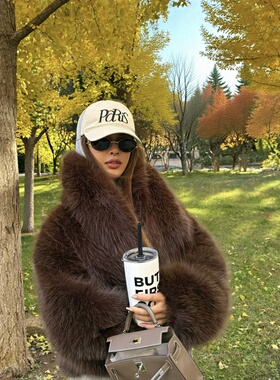 OHOCEAN 优质高版 棕色环保小狐狸毛 短款皮草外套