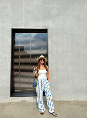 OHOCEAN 老钱风蓝条纹舒适亚麻低腰直筒裤