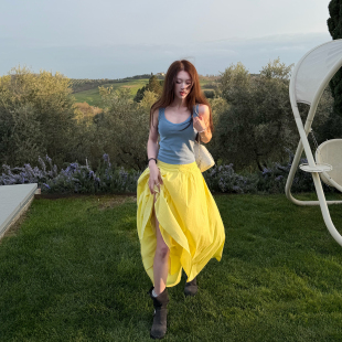 Avocadong A字显瘦长裙子 明黄色明媚氧气chill半身裙女士春夏新款