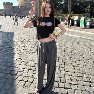 显瘦短款 Avocadong 正肩T恤女修身 青苹果印花黑色短款 上衣 原创款